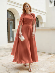 Robe de A-ligne à Col en Bijou Longueur de Mollet en Mousseline Rouille