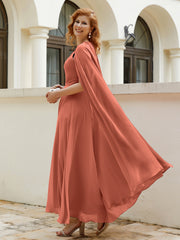 Robe de A-ligne à Col en Bijou Longueur de Mollet en Mousseline Rouille Grande Taille