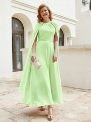 Robe de A-ligne à Col en Bijou Longueur de Mollet en Mousseline Sauge
