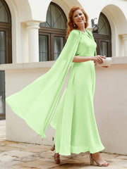 Robe de A-ligne à Col en Bijou Longueur de Mollet en Mousseline Sauge