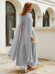 Robe de A-ligne à Col en Bijou Longueur de Mollet en Mousseline Argent Grande Taille