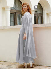 Robe de A-ligne à Col en Bijou Longueur de Mollet en Mousseline Argent