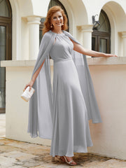 Robe de A-ligne à Col en Bijou Longueur de Mollet en Mousseline Argent Grande Taille