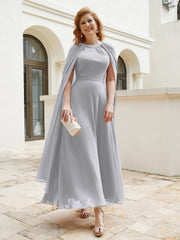 Robe de A-ligne à Col en Bijou Longueur de Mollet en Mousseline Argent