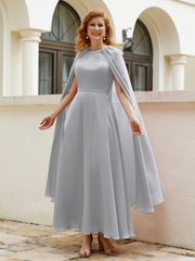 Robe de A-ligne à Col en Bijou Longueur de Mollet en Mousseline Argent
