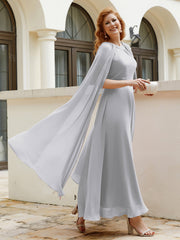Robe de A-ligne à Col en Bijou Longueur de Mollet en Mousseline Argent