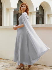 Robe de A-ligne à Col en Bijou Longueur de Mollet en Mousseline Argent Grande Taille