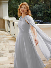 Robe de A-ligne à Col en Bijou Longueur de Mollet en Mousseline Argent Grande Taille
