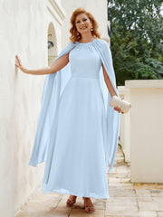 Robe de A-ligne à Col en Bijou Longueur de Mollet en Mousseline Bleu Ciel