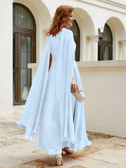 Robe de A-ligne à Col en Bijou Longueur de Mollet en Mousseline Bleu Ciel Grande Taille