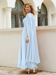 Robe de A-ligne à Col en Bijou Longueur de Mollet en Mousseline Bleu Ciel Grande Taille