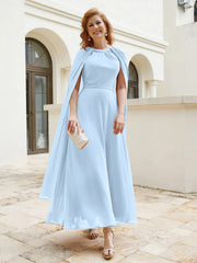 Robe de A-ligne à Col en Bijou Longueur de Mollet en Mousseline Bleu Ciel Grande Taille