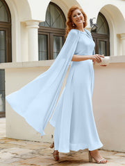 Robe de A-ligne à Col en Bijou Longueur de Mollet en Mousseline Bleu Ciel Grande Taille