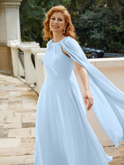 Robe de A-ligne à Col en Bijou Longueur de Mollet en Mousseline Bleu Ciel Grande Taille