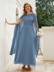 Robe de A-ligne à Col en Bijou Longueur de Mollet en Mousseline Bleu de Schiste