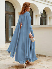 Robe de A-ligne à Col en Bijou Longueur de Mollet en Mousseline Bleu de Schiste Grande Taille