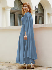 Robe de A-ligne à Col en Bijou Longueur de Mollet en Mousseline Bleu de Schiste Grande Taille