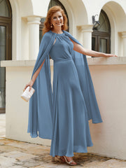 Robe de A-ligne à Col en Bijou Longueur de Mollet en Mousseline Bleu de Schiste