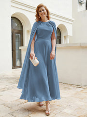 Robe de A-ligne à Col en Bijou Longueur de Mollet en Mousseline Bleu de Schiste