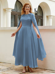 Robe de A-ligne à Col en Bijou Longueur de Mollet en Mousseline Bleu de Schiste