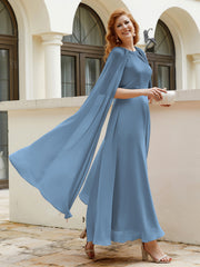 Robe de A-ligne à Col en Bijou Longueur de Mollet en Mousseline Bleu de Schiste