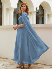 Robe de A-ligne à Col en Bijou Longueur de Mollet en Mousseline Bleu de Schiste Grande Taille