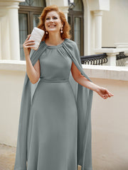 Robe de A-ligne à Col en Bijou Longueur de Mollet en Mousseline Gris Acier Grande Taille