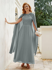 Robe de A-ligne à Col en Bijou Longueur de Mollet en Mousseline Gris Acier Grande Taille