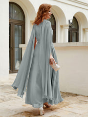 Robe de A-ligne à Col en Bijou Longueur de Mollet en Mousseline Gris Acier Grande Taille