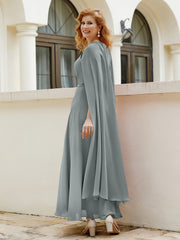 Robe de A-ligne à Col en Bijou Longueur de Mollet en Mousseline Gris Acier Grande Taille