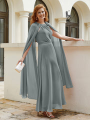Robe de A-ligne à Col en Bijou Longueur de Mollet en Mousseline Gris Acier Grande Taille