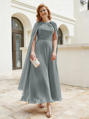 Robe de A-ligne à Col en Bijou Longueur de Mollet en Mousseline Gris Acier Grande Taille