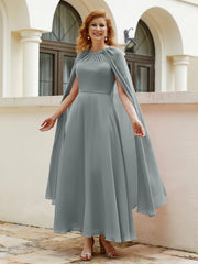 Robe de A-ligne à Col en Bijou Longueur de Mollet en Mousseline Gris Acier Grande Taille