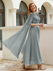 Robe de A-ligne à Col en Bijou Longueur de Mollet en Mousseline Gris Acier