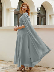 Robe de A-ligne à Col en Bijou Longueur de Mollet en Mousseline Gris Acier