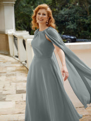 Robe de A-ligne à Col en Bijou Longueur de Mollet en Mousseline Gris Acier