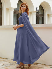 Robe de A-ligne à Col en Bijou Longueur de Mollet en Mousseline Orageux Grande Taille