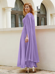 Robe de A-ligne à Col en Bijou Longueur de Mollet en Mousseline Tahiti