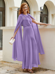 Robe de A-ligne à Col en Bijou Longueur de Mollet en Mousseline Tahiti