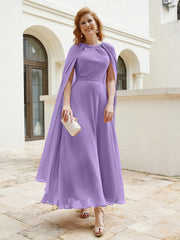 Robe de A-ligne à Col en Bijou Longueur de Mollet en Mousseline Tahiti