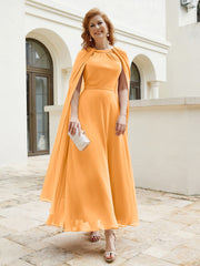 Robe de A-ligne à Col en Bijou Longueur de Mollet en Mousseline Mandarine Grande Taille