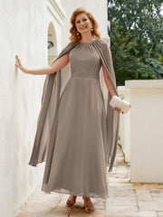 Robe de A-ligne à Col en Bijou Longueur de Mollet en Mousseline Taupe