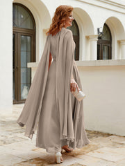 Robe de A-ligne à Col en Bijou Longueur de Mollet en Mousseline Taupe Grande Taille