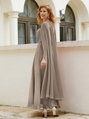 Robe de A-ligne à Col en Bijou Longueur de Mollet en Mousseline Taupe