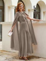 Robe de A-ligne à Col en Bijou Longueur de Mollet en Mousseline Taupe Grande Taille