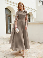 Robe de A-ligne à Col en Bijou Longueur de Mollet en Mousseline Taupe
