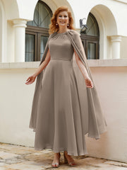 Robe de A-ligne à Col en Bijou Longueur de Mollet en Mousseline Taupe