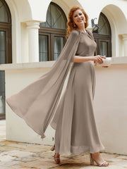 Robe de A-ligne à Col en Bijou Longueur de Mollet en Mousseline Taupe Grande Taille