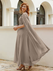 Robe de A-ligne à Col en Bijou Longueur de Mollet en Mousseline Taupe