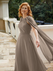 Robe de A-ligne à Col en Bijou Longueur de Mollet en Mousseline Taupe Grande Taille